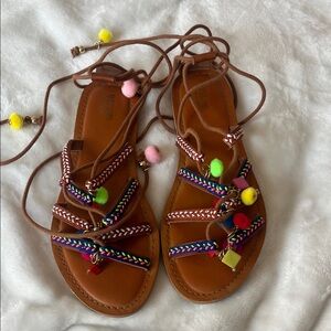 Mossimo Supply Co. Brown Leather Lace-Up Sandals with Pink & Yellow Pom Poms